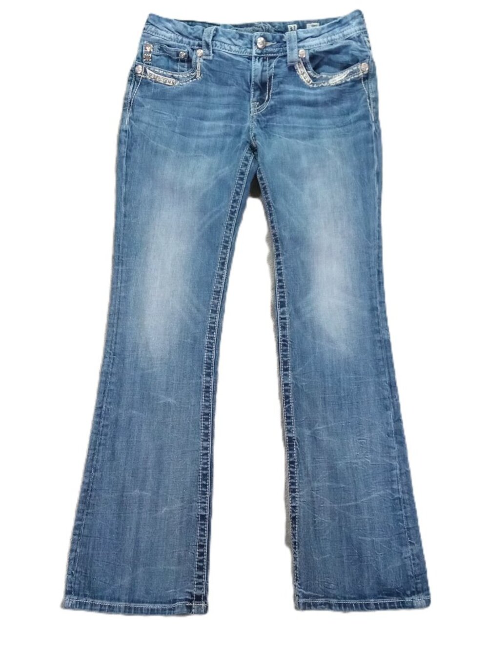 Miss Me Jean Women 31x31, Tag 31x33 Blue Denim Bootcut Embellished Flap Pocket